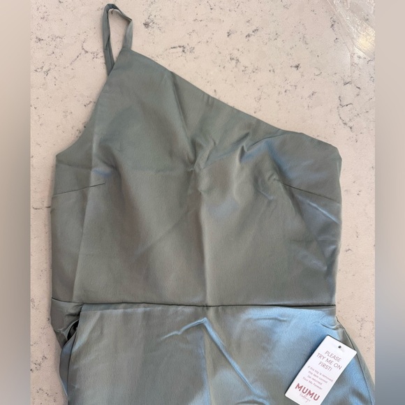 Show me Your Mumu Shannon One Shoulder Dress Silver Sage Luxe Satin Sz S NWT - Picture 10 of 12